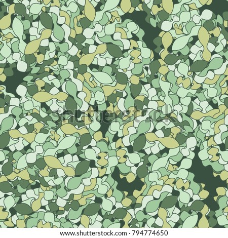 Seamless texture of leaf-shaped elements. A pattern of six colors. Camouflage.