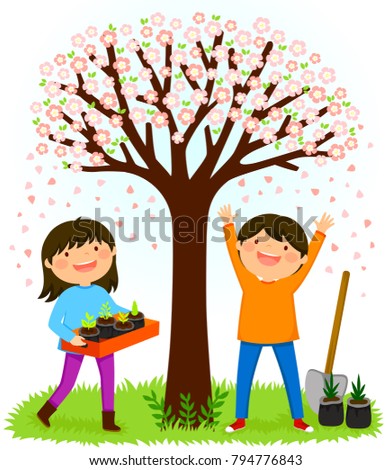 Children standing under a blooming tree preparing to plant saplings for Tu Bishvat