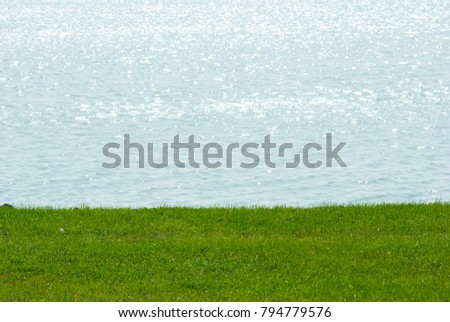 summer lakeside background, focus on turf grass and blur waves