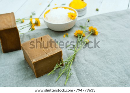 calendula cream, bath salt, organic soap cubes