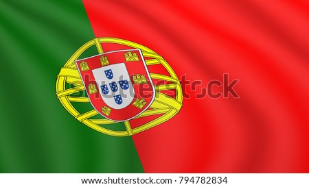 Realistic waving flag of Portugal. Current national flag of Portuguese Republic. Illustration of wavy shaded ensign of Portugal country. Background with portuguese flag. Flag of the Five Escutcheons.