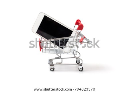 Smart phone in shopping cart on white background,concept buying smart phone