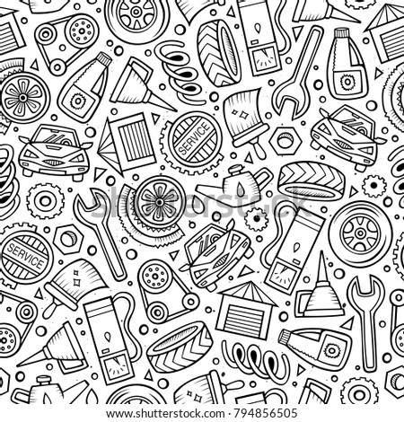 Cartoon cute hand drawn Automotive seamless pattern. Illustration with lots of elements. Endless funny vector background