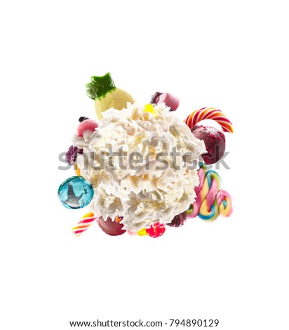 Whipped round cream with colored sweets, jelly and candies isolated. Sweet life concept. Sweet dessert - whipped milk cream concept with treat, kid cartoon colorful cream, white whipped cream with