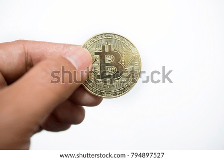 hand hold bitcoin on white background with copy space