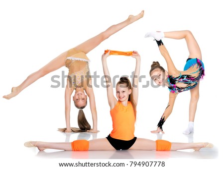 Group of cheerful gymnast girls performing various gymnastic and fitness exercises. The concept of an active way of life, sport, happiness, freedom. Isolated on white background.