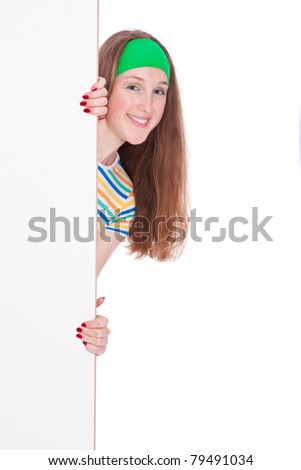 Young happy woman hold placard, isolated