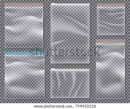 Transparent Nylon Bag with Lock or Zip. Vector Illustration. Set of Isolated Sealed Polythene Packs.
 Royalty-Free Stock Photo #794920228