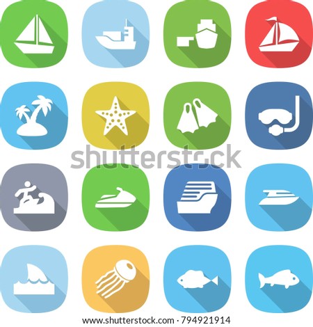 flat vector icon set - boat vector, sea shipping, port, sail, island, starfish, flippers, diving mask, surfer, jet ski, cruise ship, yacht, shark flipper, jellyfish, fish
