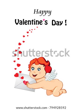 Valentines day greeting card with cute cartoon baby Cupid, angel, amour character with white wings holding love letter on white background with many red hearts around and title Happy Velrntine's day  