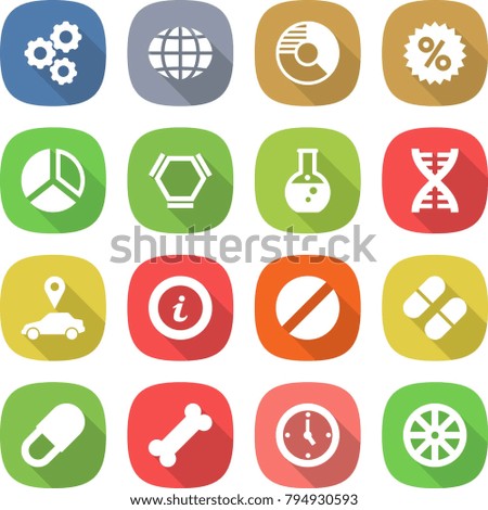 flat vector icon set - gear vector, globe, circle diagram, percent, hex molecule, round flask, dna, car pointer, info, pill, bone, watch, wheel