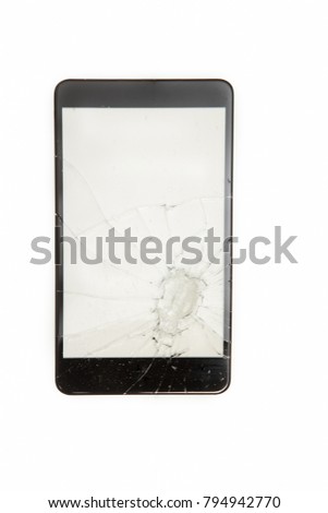 Close-up view of Shattered smartphone screen on white background with copy space