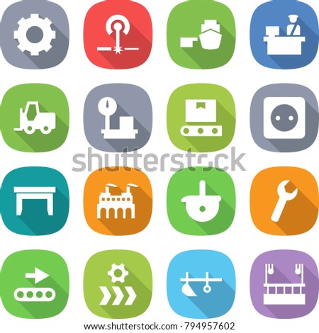 flat vector icon set - gear vector, laser, port, customs control, fork loader, warehouse scales, transporter tape, power socket, table, factory, ladle, wrench, conveyor, plow, skysrcapers cleaning