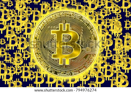 Photo Golden Bitcoins On Black Background. Trading Concept Of Crypto Currency