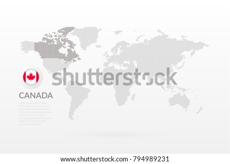 Vector World Map infographic with maple leaf symbol. Canadian flag icon. International global illustration sign. Canada dotted template for business, marketing project, web, concept design