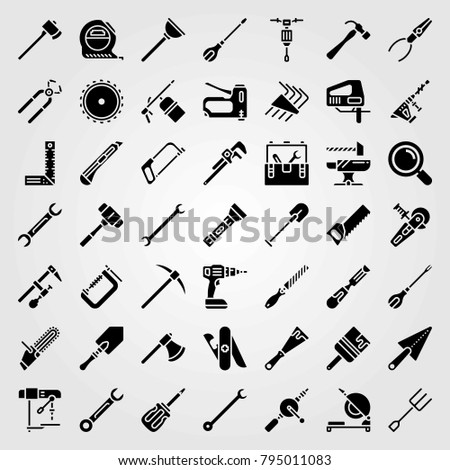 Tools vector icons set. cutter, anvil and trowel