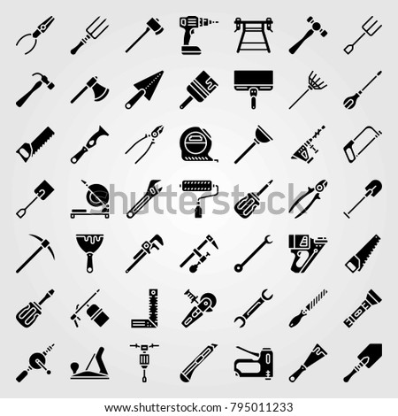 Tools vector icons set. pliers, plunger and shovel