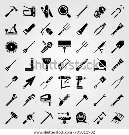 Tools vector icons set. hammer, allen keys and axe