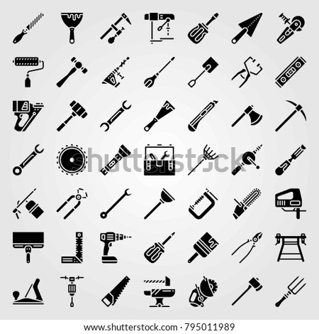 Tools vector icons set. work brench, welder and hand drill