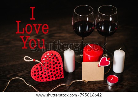 I Love you, concept with candle, wine, red hearts. Valentines day background. Space for text. Writing romantic letters on empty paper sheet, note for text message. Empty greeting card.