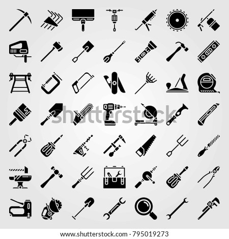 Tools vector icons set. paint brush, cutter and rake