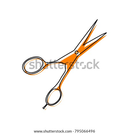 Hair cutting scissors sign. Vector. Black line icon with shifted flat orange filled icon on white background. Isolated.