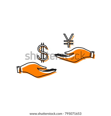 Currency exchange from hand to hand. Dollar and Yen. Vector. Black line icon with shifted flat orange filled icon on white background. Isolated.