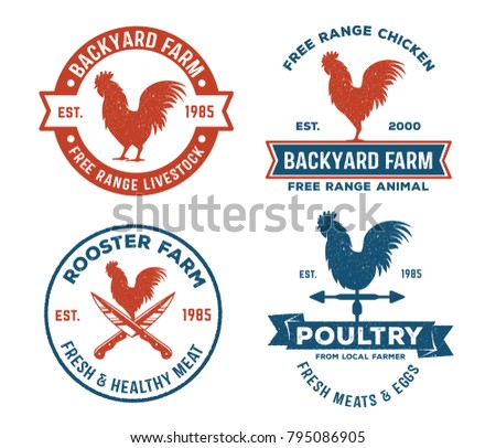 vintage retro vector label badge design set of farm, poultry, chicken, hen, rooster, livestock  