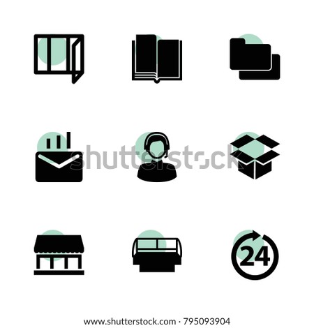 Open icons. vector collection filled open icons set.. includes symbols such as book, window, folder, box, 24 hours, store window. use for web, mobile and ui design.