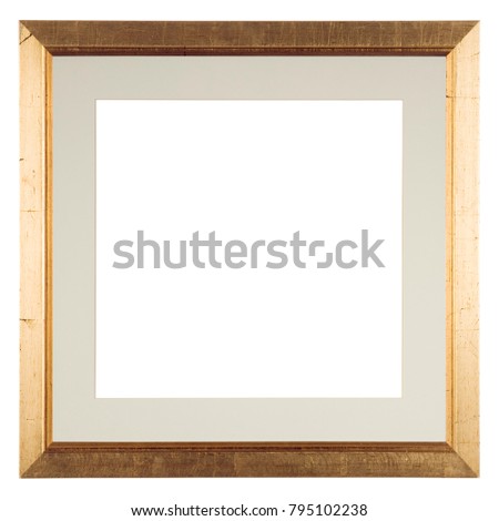 Empty picture frame isolated on white in a heavily distressed gilt finish with matte, square format