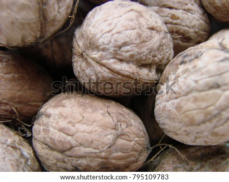 Appetizing Walnut in the shell, eco-friendly, natural, close-up. Many walnuts. Nuts in a box. Texture nuts