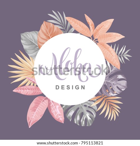 Tropical flyer with palm leaves. Round frame. Vector illustration.