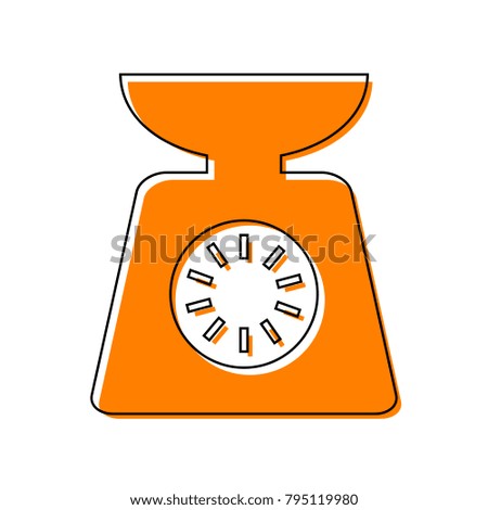 Kitchen scales sign. Vector. Black line icon with shifted flat orange filled icon on white background. Isolated.