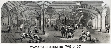 Old illustration of underground service area of Paris covered marketplace. Created by Provost, published on L'Illustration Journal Universel, Paris, 1857