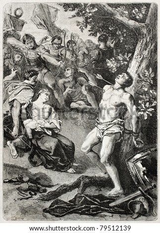 Old illustration of Saint Sebastian martyrdom. Created by Pecher, published on L'Illustration Journal Universel, Paris, 1857
