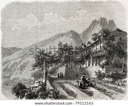 Old illustration of traditional inn, Locarno, Switzerland. Created by Freeman, published on L'Illustration Journal Universel, Paris, 1857