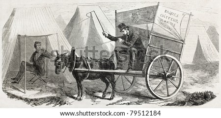 Old illustration of itinerant officers barber in Chalons camp. Created by Girin, published on L'Illustration Journal Universel, Paris, 1857