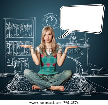 woman in lotus pose with open hands with speech bubble