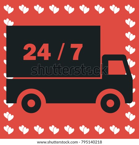 Shipping icon flat. Simple black pictogram on red background with white hearts for valentines day. Vector illustration symbol