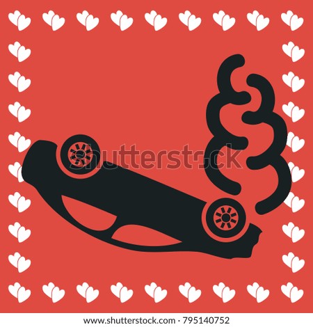 Crash car icon flat. Simple black pictogram on red background with white hearts for valentines day. Vector illustration symbol