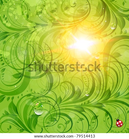 Abstract bright summer vector floral background with flowers, ladybird and sun shine. eps 10.