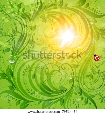 Abstract bright summer vector floral background with flowers, ladybird and sun shine. eps 10.