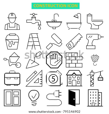 Building Construction Elements and Tools Black Thin Line Icon Set