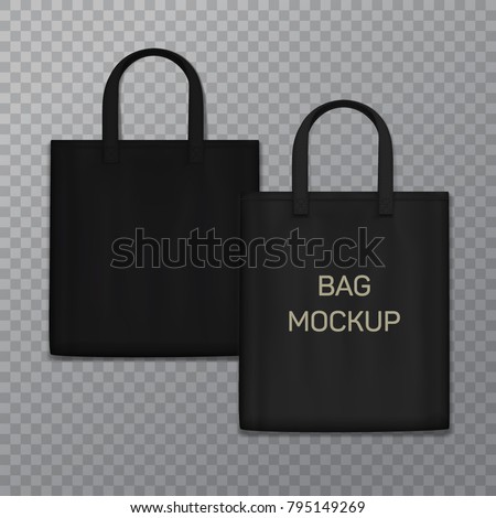 Black realistic shoping bag template isolated on background. Vector textile handbag in front view can used as mockup for a logo, emblem creation or sale advertisement.