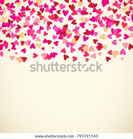 Scattered little hearts border frame in pink and red over beige. Valentine's day background. Romantic vector illustration.