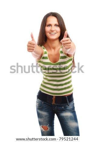 Portrait of a young college girl showing ok, isolated on white