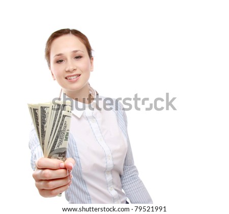 A young woman holding money, isolated on white