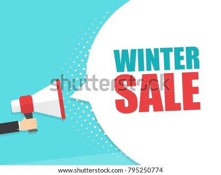 Male hand holding megaphone with winter sale speech bubble. Loudspeaker. Banner for business, marketing and advertising. Vector illustration.