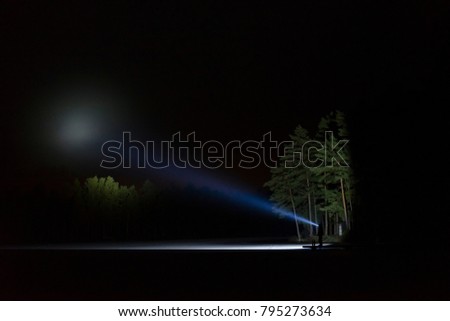 Man standing outdoor at night shining with flashlight up the sky and at trees in forest. Dark cold winter night in Sweden Scandinavia. Nice abstract nature and landscape photo. Calm and mystical.