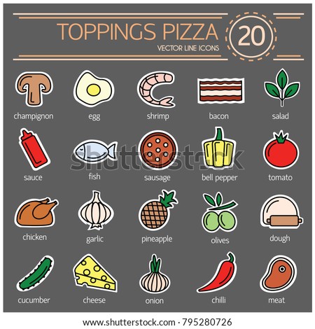 Set icons of  pizza ingredients. Pizza ingredients is vector illustration. Vector clip art of pizza toppings. Pizza ingredients outline icon collection 